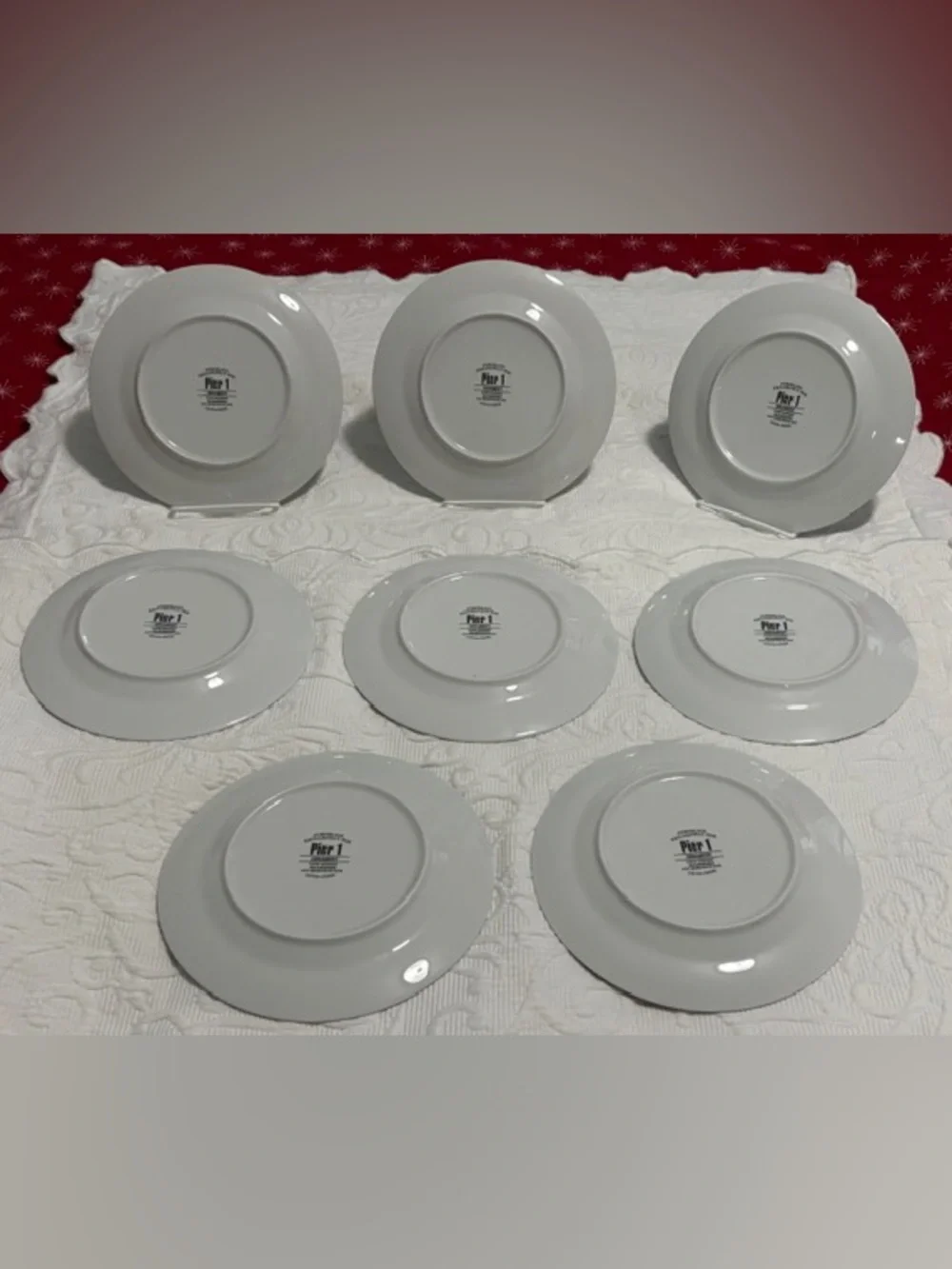 Pier One Ornament Dessert Plates 7.5” Gold Trim Set of 8
